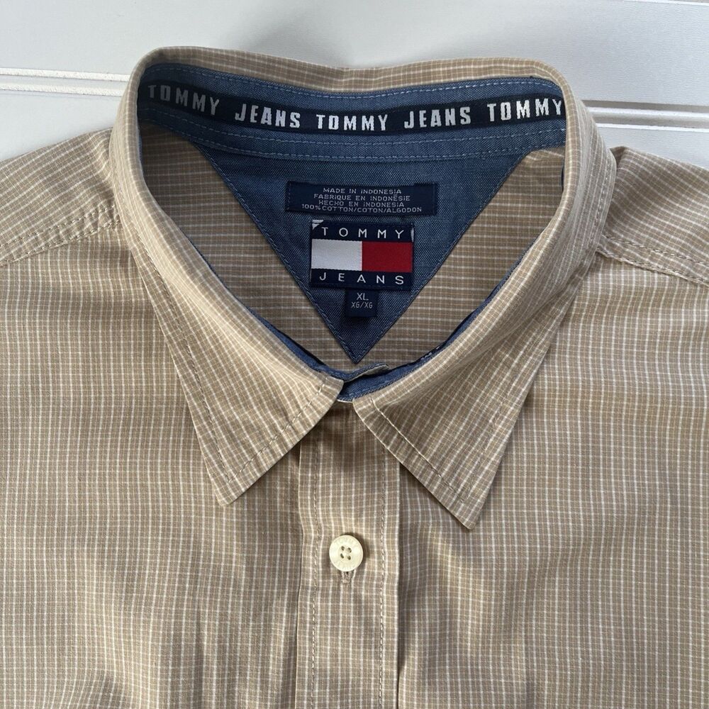 Tommy Jeans Short Sleeve Button Up Shirt Flag Logo Pockets Tan White Size XL